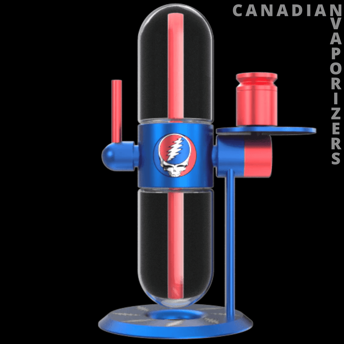 Stundenglass Gravity Bong - Black and blue Stundenglass gravity bong with red accents, glass chambers, and a circular base.