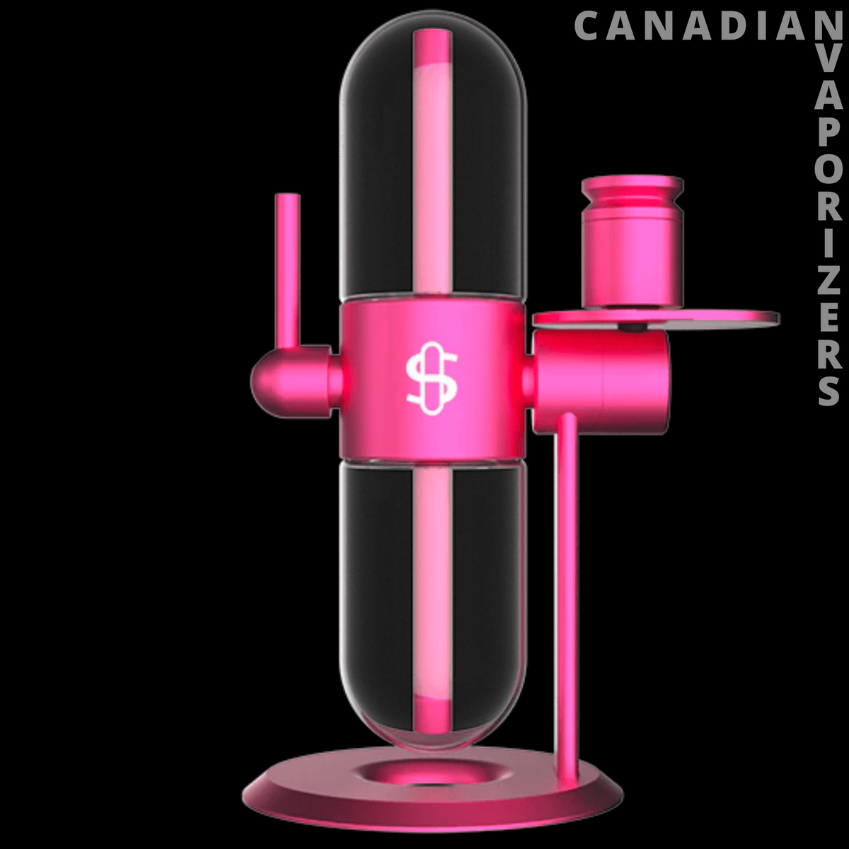 Stundenglass Gravity Bong - Pink-and-black Stundenglass gravity bong with clear glass chambers, metal supports, and a round base.