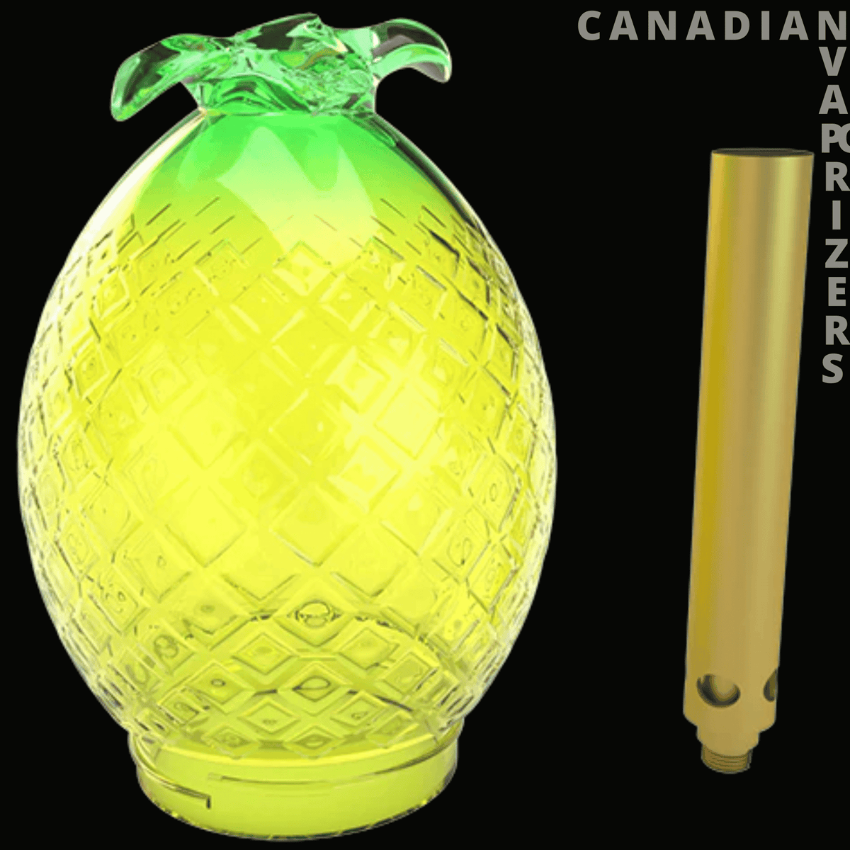 STUNDENGLASS PINEAPPLE GLOBE (SINGLE) - Glowing yellow-green pineapple-shaped hourglass with textured glass and a leafy crown, beside a wooden timer rod.