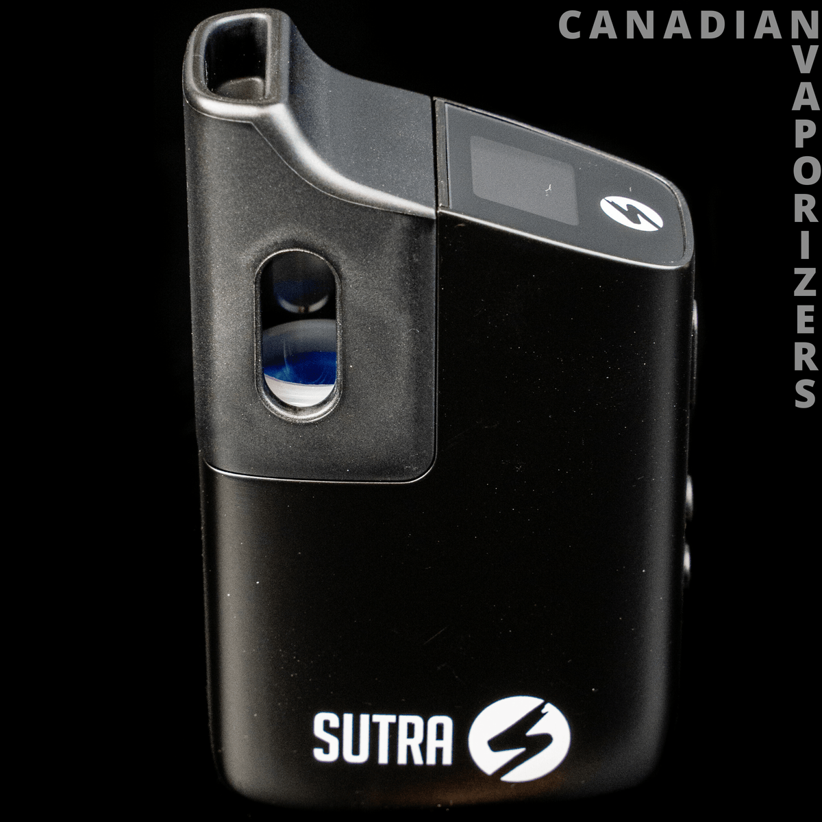 Sutra Mini Vape - Compact black Sutra vape with a silver top, blue viewing window, and white Sutra logo.