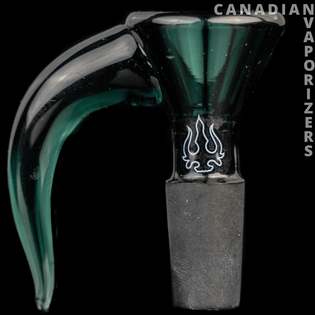 Teal | 14MM Hydros Hook Funnel Bowl - Teal 14 mm glass hook funnel bowl with a curved handle, flame decal, and dark gray base.