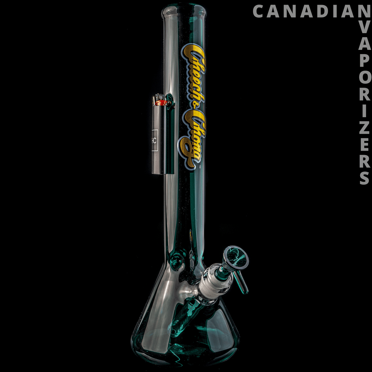 Teal | Cheech &amp; Chong Glass 14 Inch Tall Sergeant Stadanko Beaker Tube W/Magnet &amp; 14mm Joint - Teal glass beaker tube with Cheech &amp; Chong decal, side chamber, and angled 14mm joint.