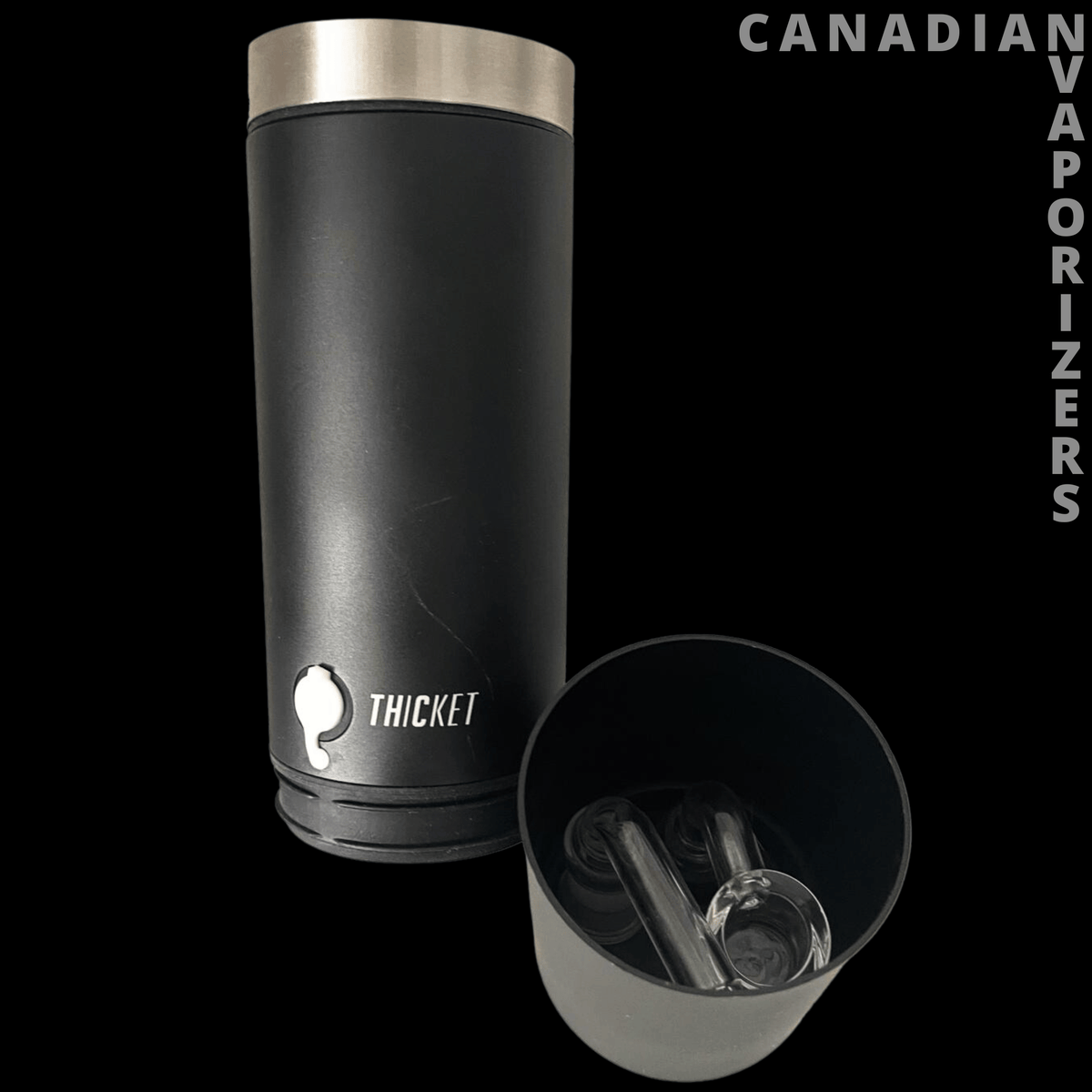 THiCket Water Pipe - Matte black THiCket water pipe with a silver rim and close-up view of its mouthpiece.