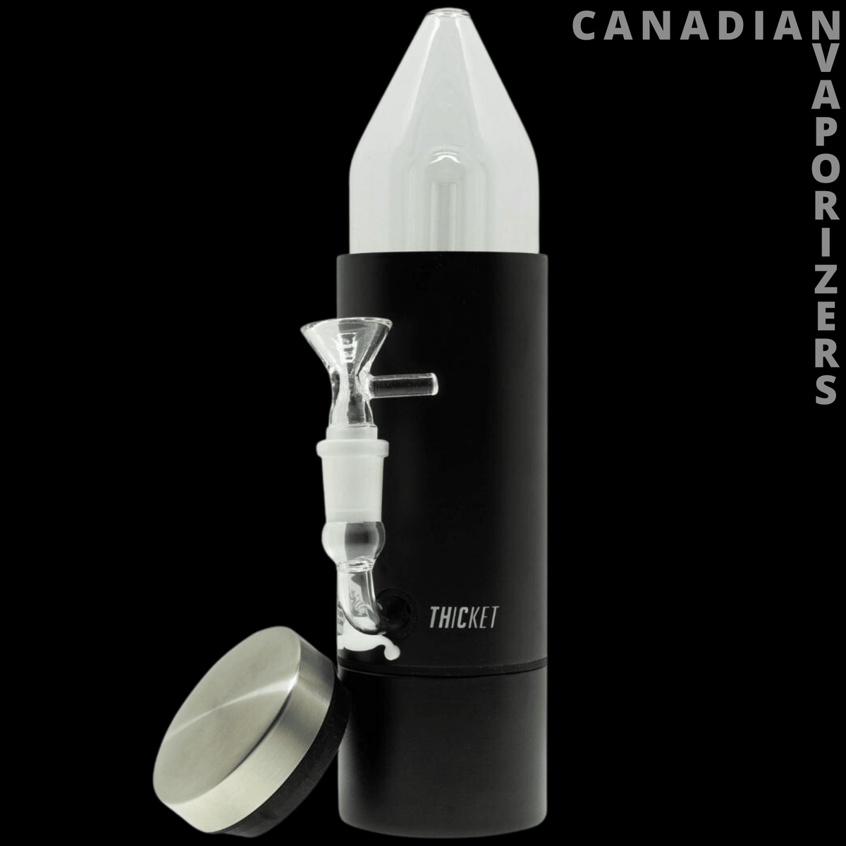 THiCket Water Pipe - Black cylindrical water pipe with a clear glass mouthpiece and bowl, shown with its silver cap removed.