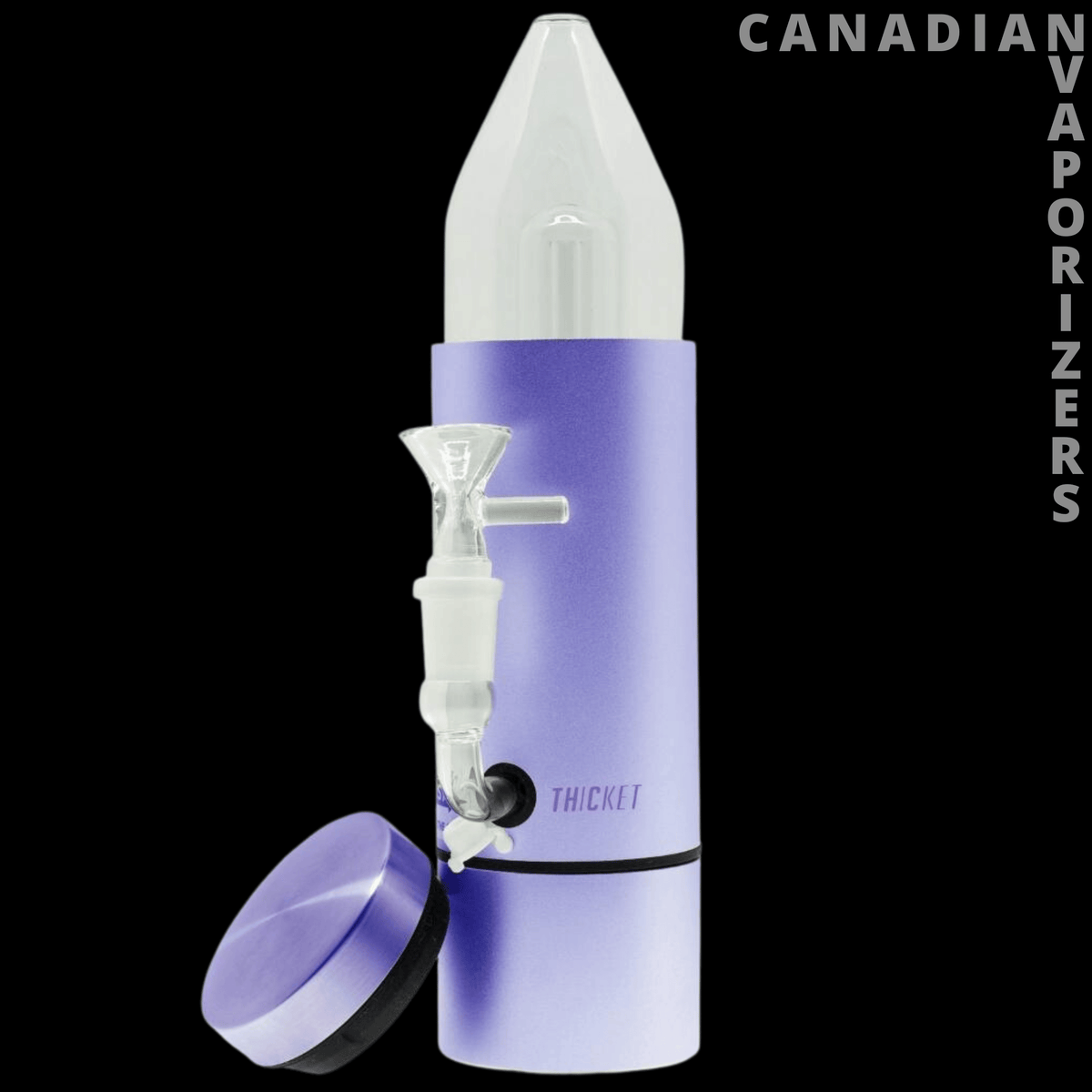 THiCket Water Pipe - Purple cylindrical water pipe with a clear glass mouthpiece, side stem, and matching round cap.