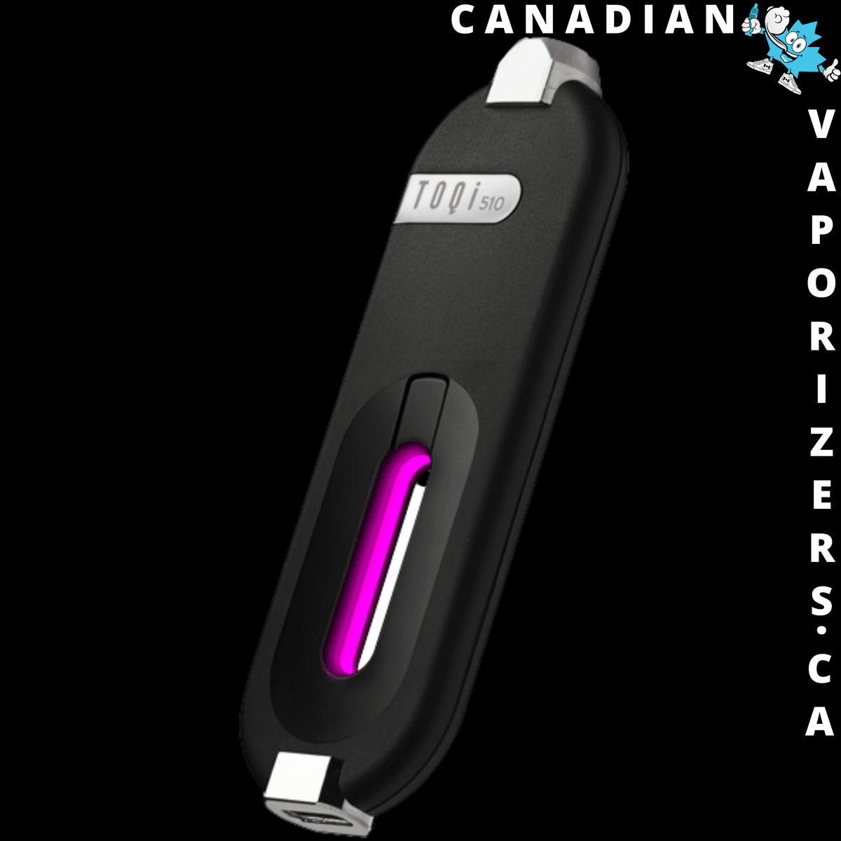 TOQi 510 Wireless Vaporizer - Black TOQi 510 wireless vaporizer with a glowing magenta vertical indicator and silver end caps.