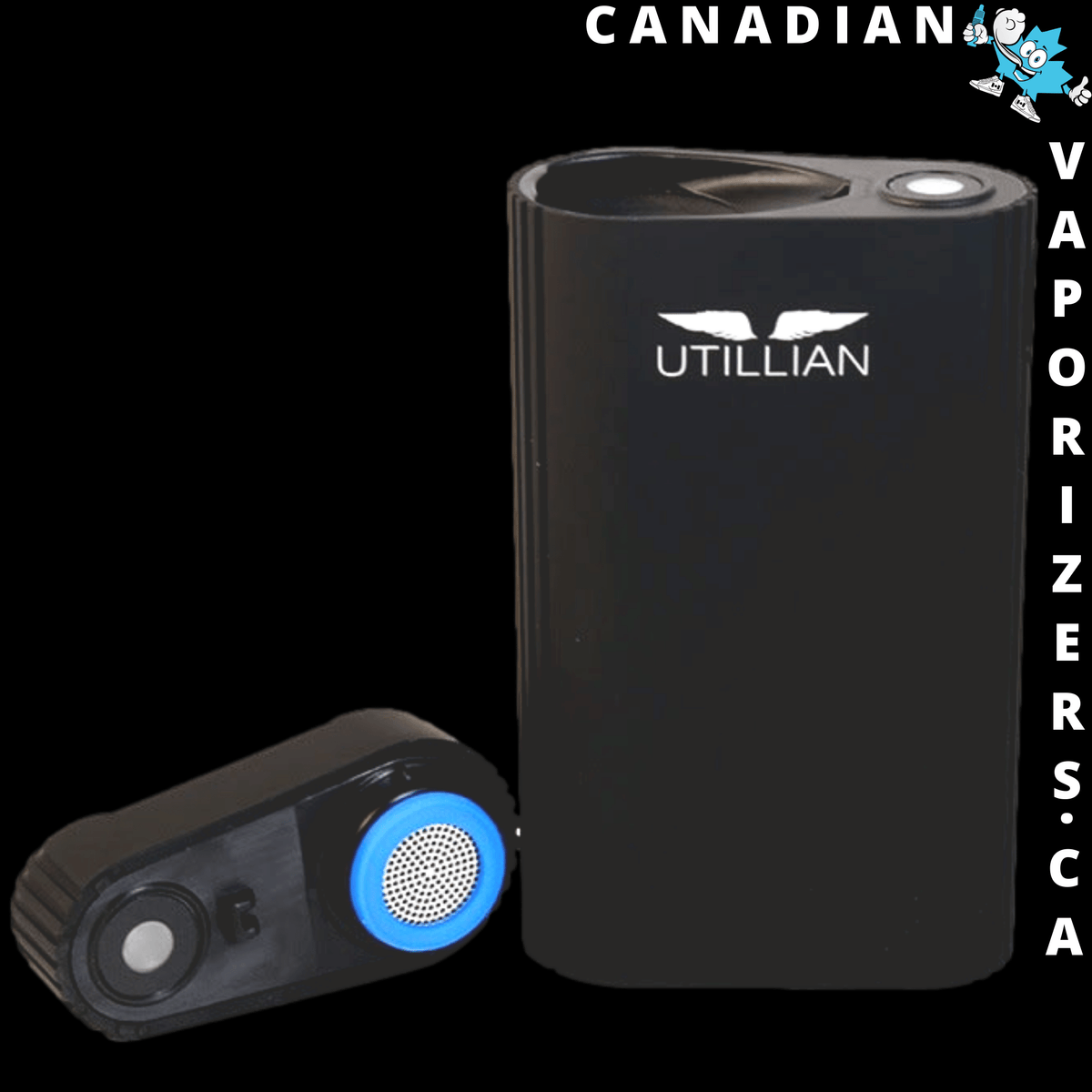 Utillian 721 - Black Utillian 721 vaporizer with a compact rectangular body, silver top button, and blue-ringed circular control.