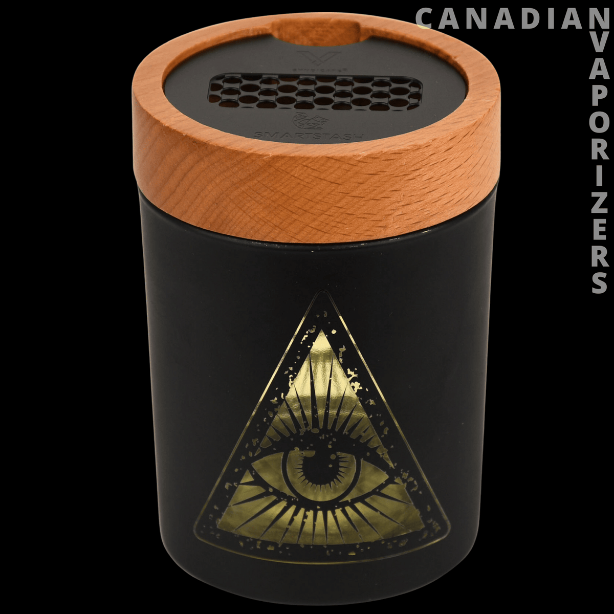 V-Syndicate Hamsa Smart Stash Jar - Grinder and Stash Jar - Black cylindrical smart stash jar with a wood-grain grinder lid and gold all-seeing eye triangle design.