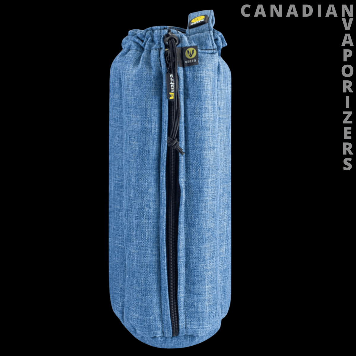 Vatra 12" Tube Pouch (Bong Bag) - Blue denim tube pouch with a black zipper, yellow zipper pull, and top carry loop.