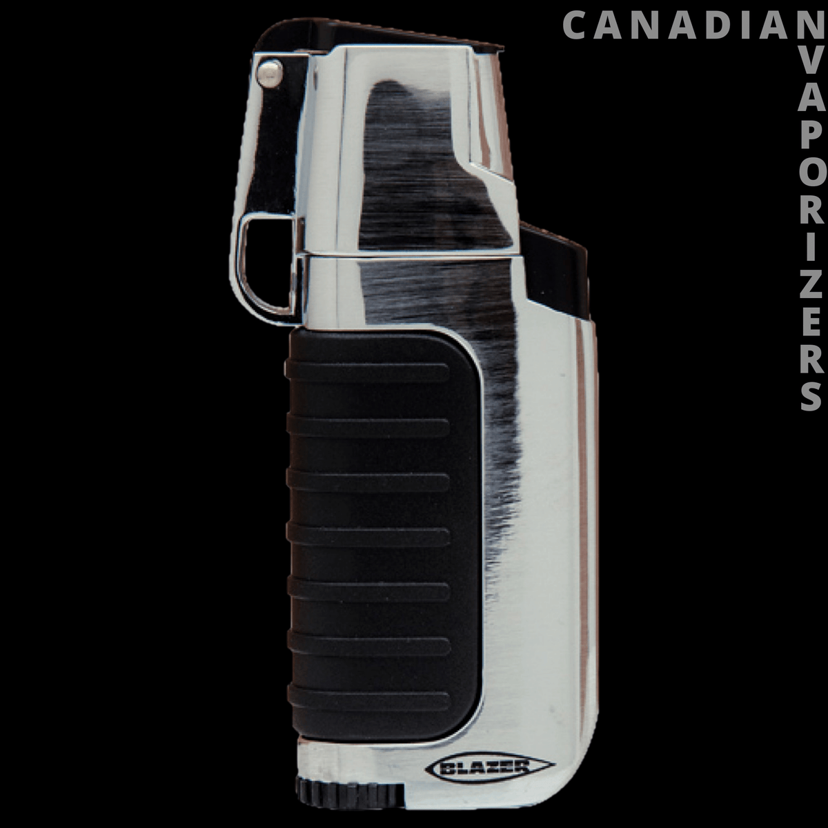 Venture Torch - Silver and black Blaze torch lighter with a ribbed grip and hinged metal lid.
