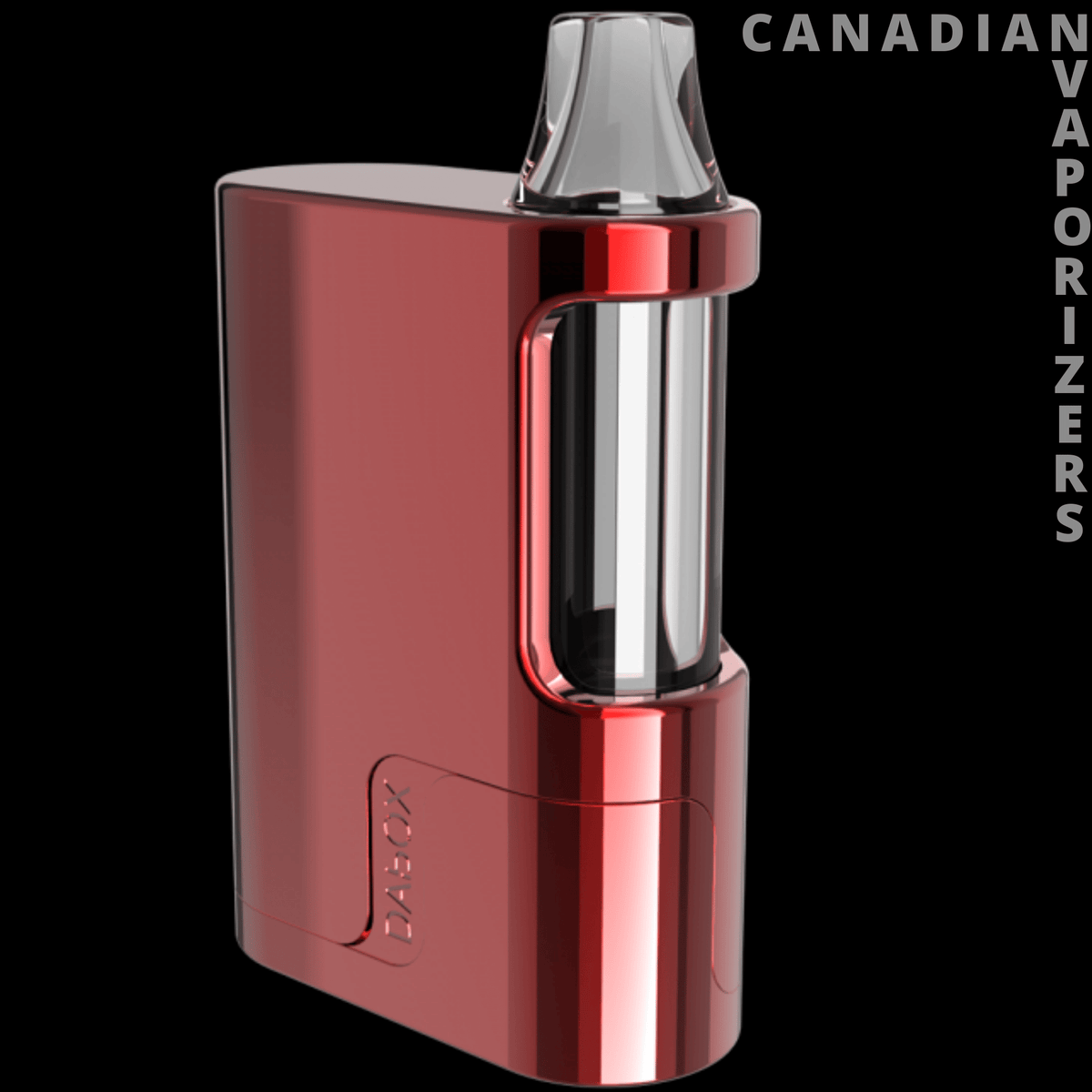 Vivant Dabox - Glossy red Vivant Dabox with a rectangular body, chrome side chamber, and clear mouthpiece.