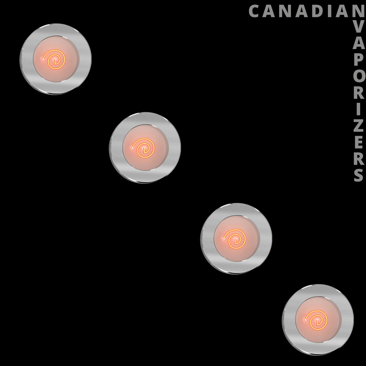 Vivant Dobox Pro Firecore Coils - Four round silver Firecore coils with orange centers arranged diagonally on a black background.