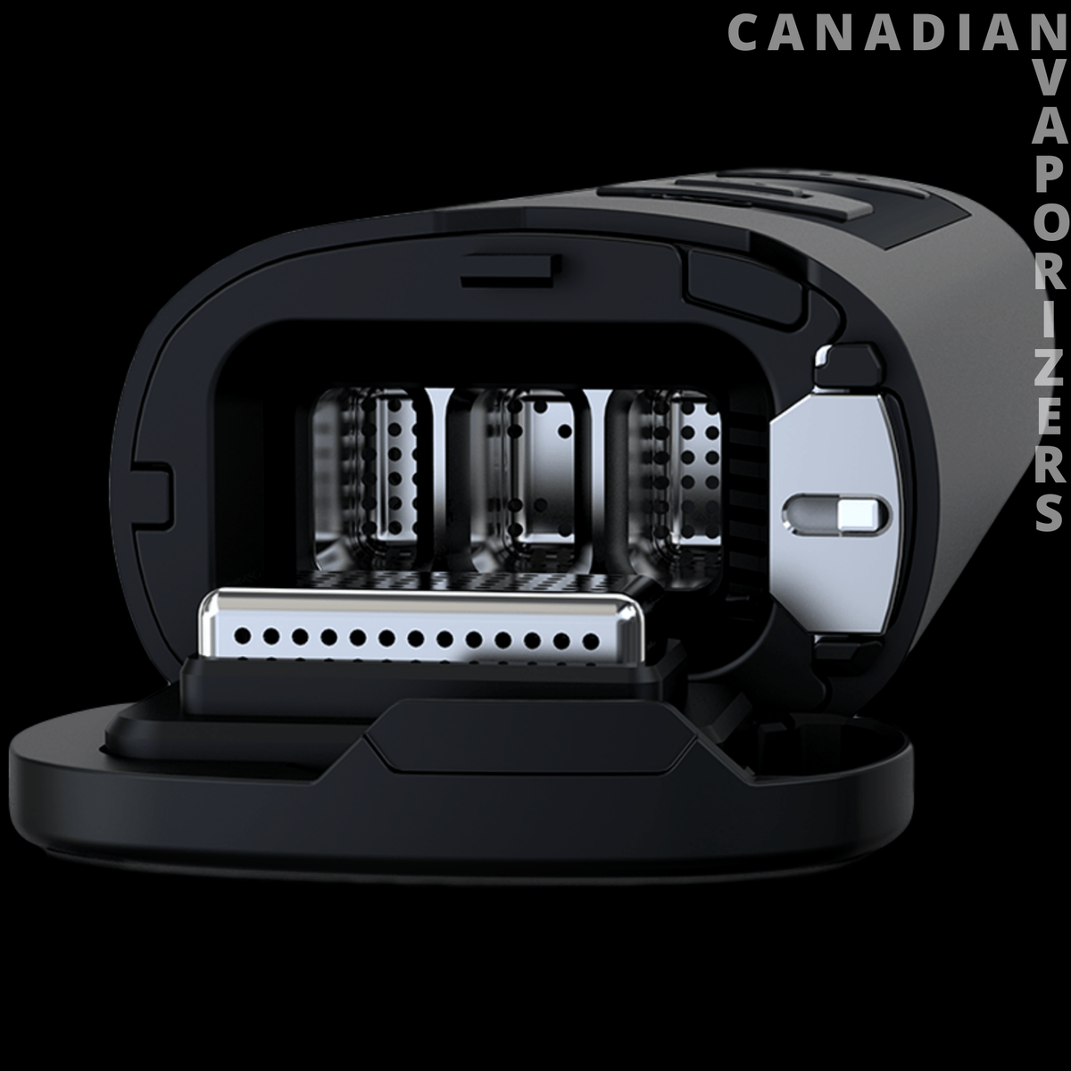 Vivant Rift - Black Vivant Rift vaporizer with an open chamber, perforated metal tray, and sleek rounded base.