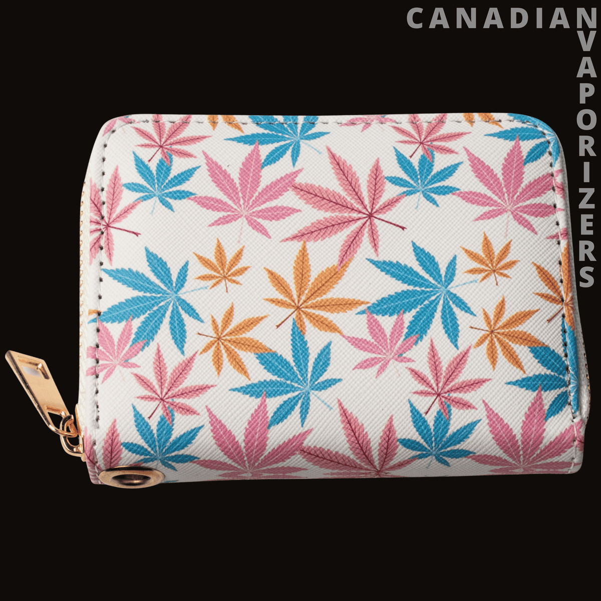 Weed Leaf Wallet - White zip-around wallet with colorful pink, blue, and orange cannabis leaf prints and a tan zipper pull.