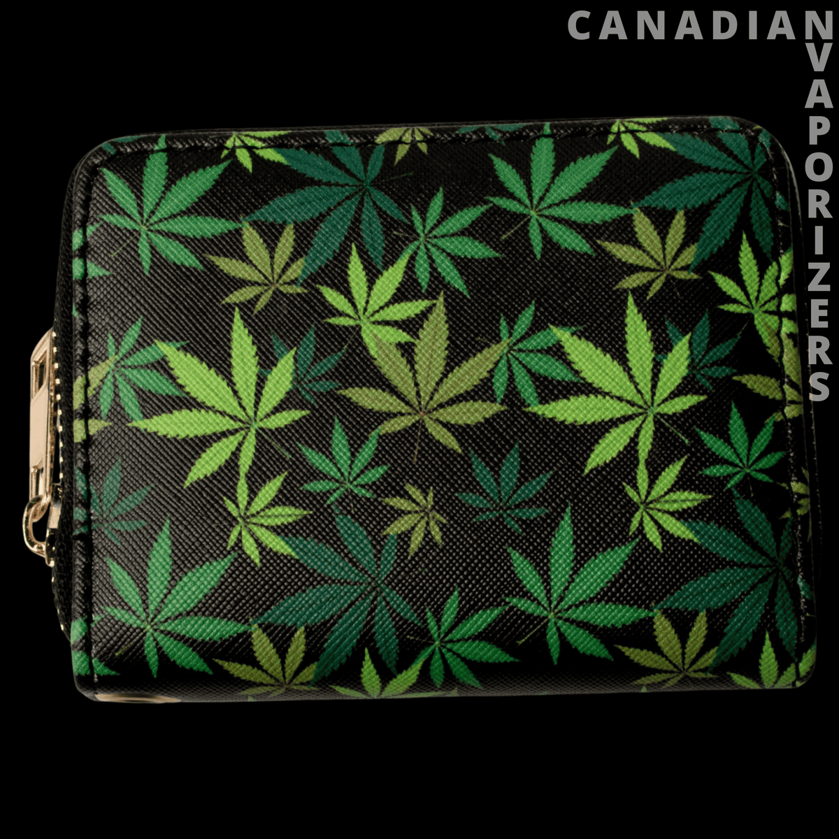 Weed Leaf Wallet - Black wallet patterned with green cannabis leaves and subtle gold accents, with a gold-tone zipper.