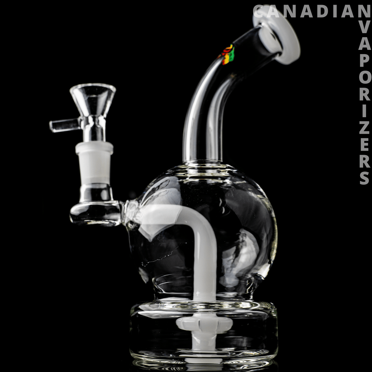 White | iRie Globe - Clear glass globe vaporizer with a curved neck, white percolator, and metal mouthpiece.