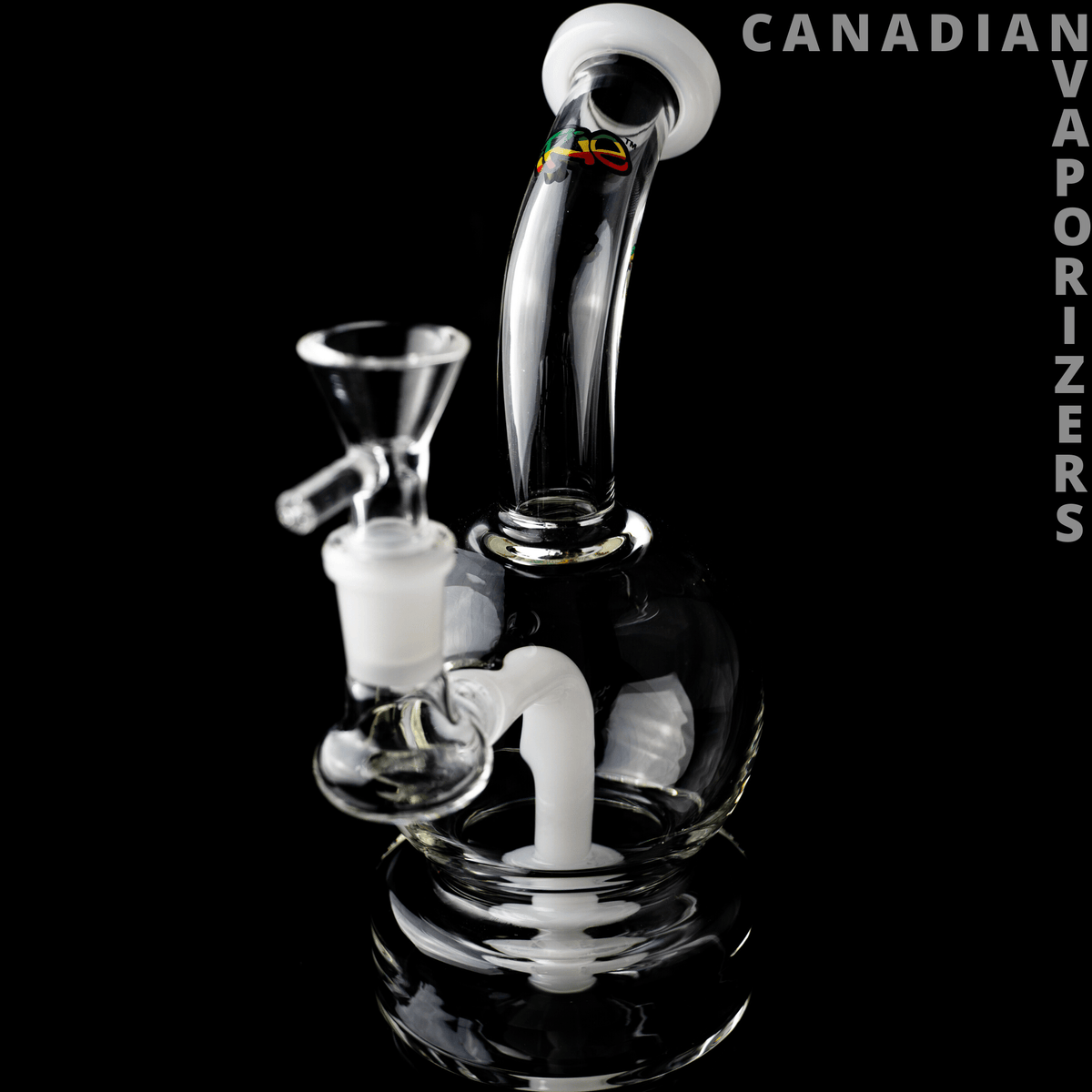 White | iRie Globe - White glass iRie Globe water pipe with a clear rounded base, curved neck, and funnel bowl.