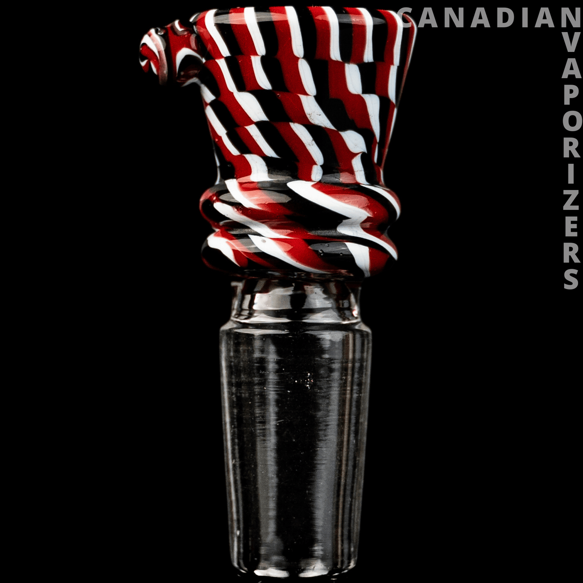 White/Red/Black | 14MM Hydros Funnel Bowl - 14 mm glass funnel bowl with a flared red, white, and black striped top and clear stem.