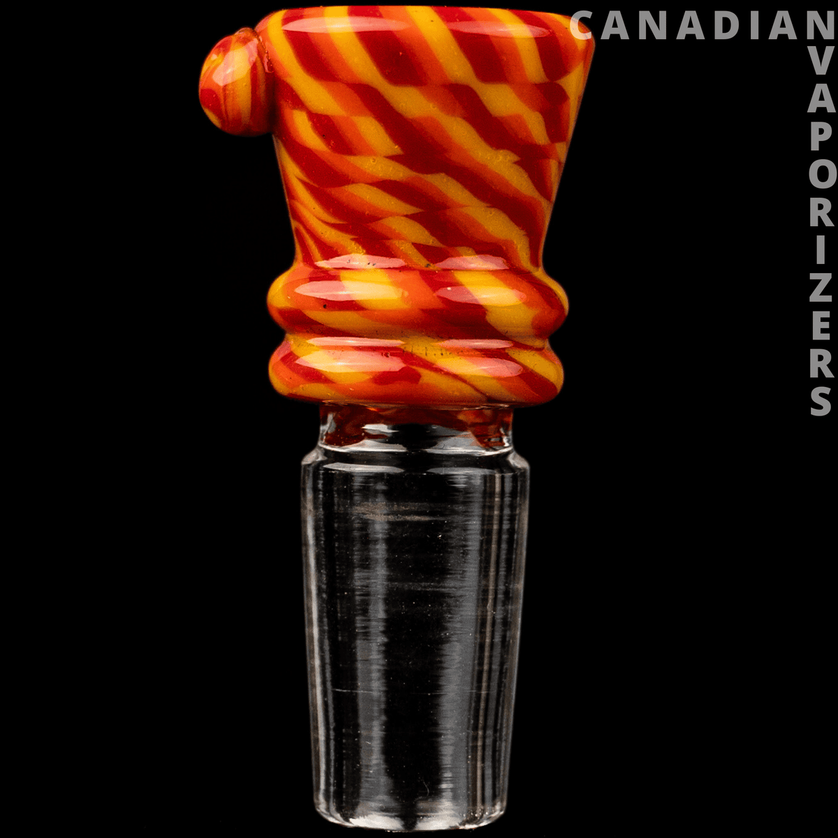 Yellow/Orange/Red | 14MM Hydros Funnel Bowl - Red, orange, and yellow swirled glass funnel bowl with a clear 14 mm glass stem.