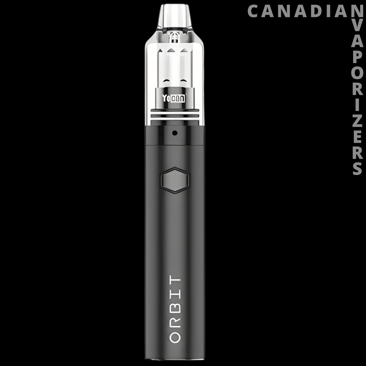 Yocan Orbit - Black Yocan Orbit vaporizer with a slim cylindrical body, hexagonal button, and silver mouthpiece.