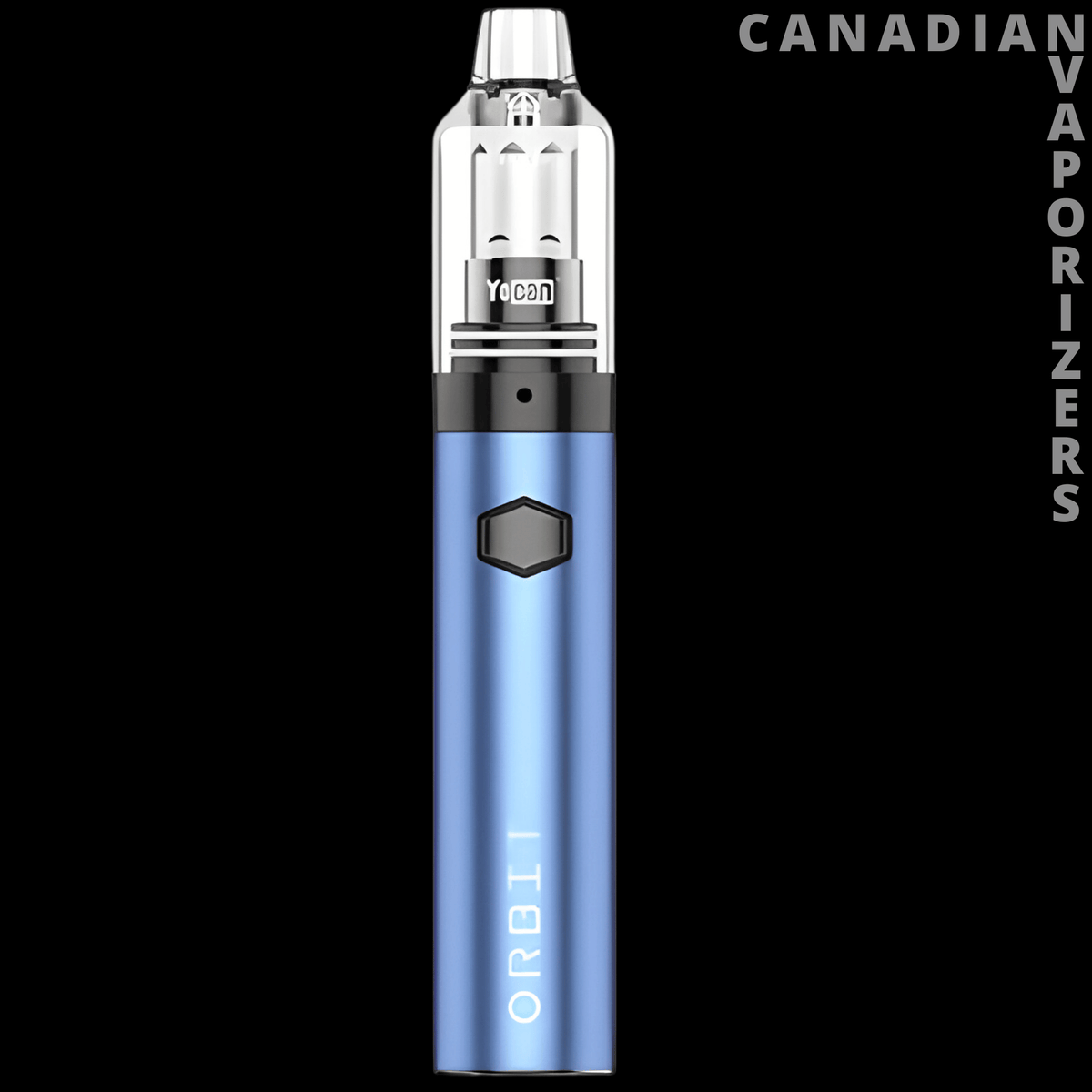 Yocan Orbit - Blue Yocan Orbit vaporizer with a silver mouthpiece, black hexagonal button, and vertical lettering.