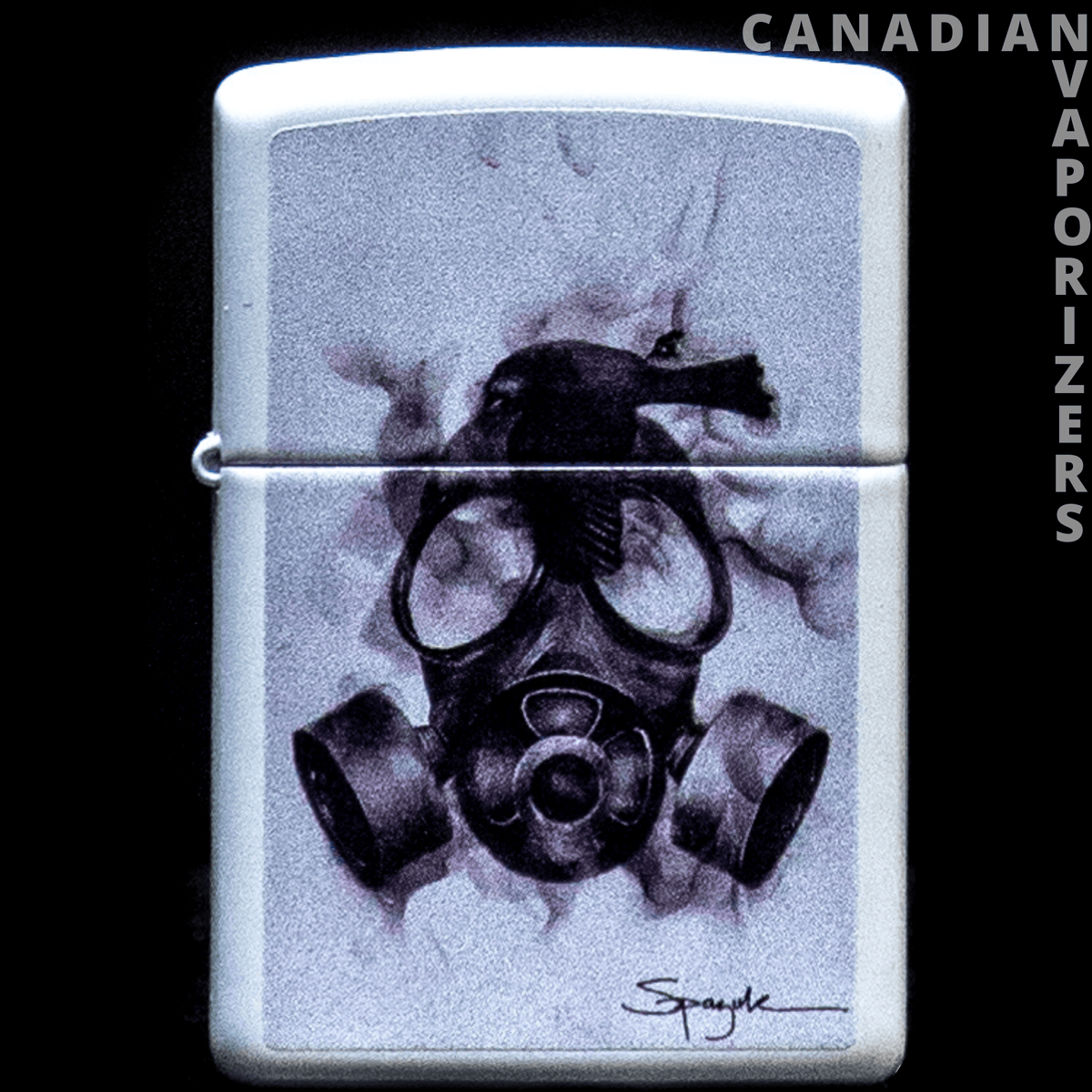 ZIPPO LIGHTER – SPAZUK WHITE MATTE - White matte Zippo lighter featuring a black gas mask with smoky accents and a signature.
